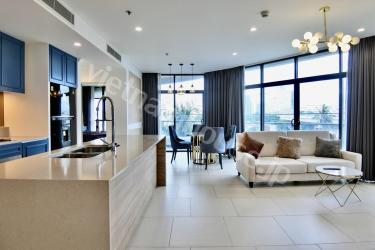 Kitchen with amazing blue cupboard spaces