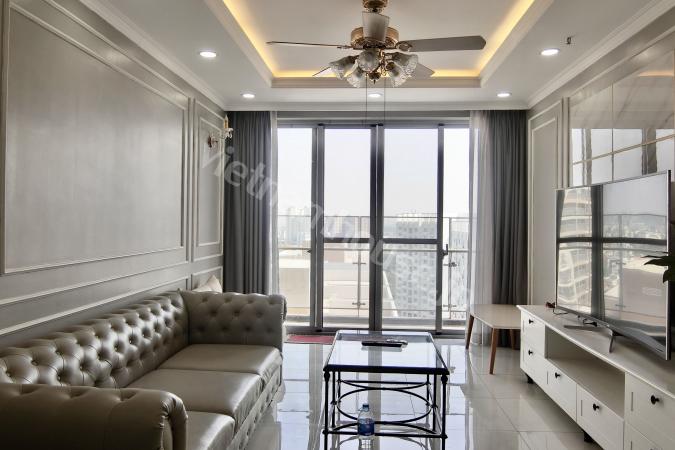The apartment have grey white tone distinctive and elaborate design