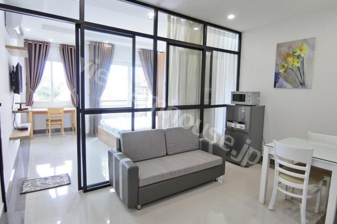 Apartment with a modern bedroom, is surrounded by glass frames and curtains, super impressive