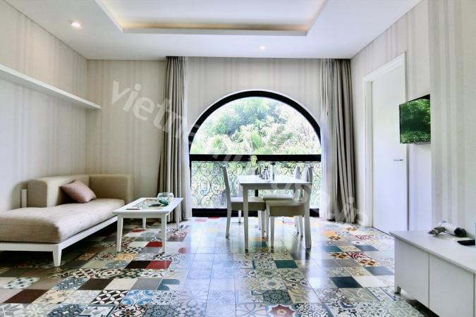 Designed arc windows throughout apartment